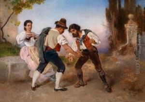 Italienischebauern Beim Morra-spiel Und Eine Bauerin Mit Weinflasche