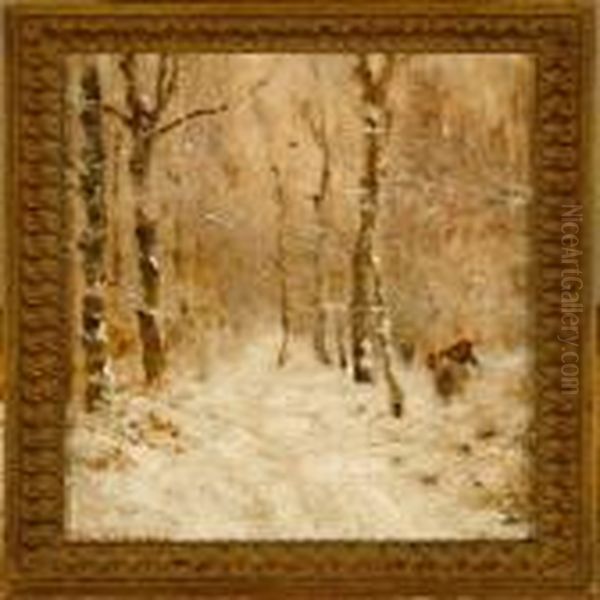 A Winter Landscape Witha Woman Gathering Firewood In The Forrest - view 1