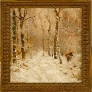 A Winter Landscape Witha Woman Gathering Firewood In The Forrest by Anton Romako