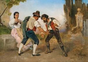 Italienische Bauern Beim Morra-spiel Und Eine Bauerin Mit Weinflasche by Anton Romako