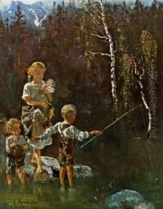 Angelnde Kinder Vor Einem Birkenwald