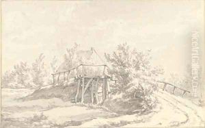 A landscape with a wooden bridge near a farmhouse between Wijk and Koekange by Egbert Van Drielst