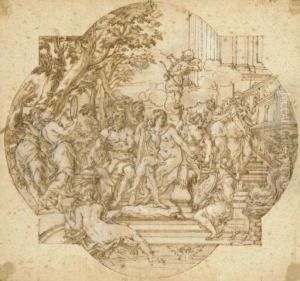 Hercules And Omphale With Nymphs
On A Staircase Leading To A Fountain: Design For A Compartment by Giovanni Francesco Romanelli