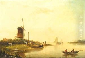 A river landscape with fishermen, a windmill nearby by Jacob Hendrik Van Duinen