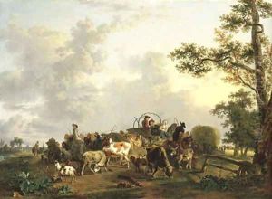 A pastoral landscape with peasants and livestock with wagons and a haywain during the harvest, a town beyond by Jean-Louis Demarne