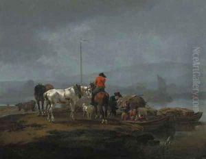 Country folk by a river by Jean-Louis Demarne
