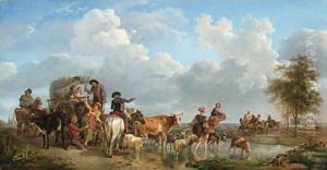 Peasants with Carts and Cattle crossing a Ford, a castle in an extensive landscape beyond by Jean-Louis Demarne