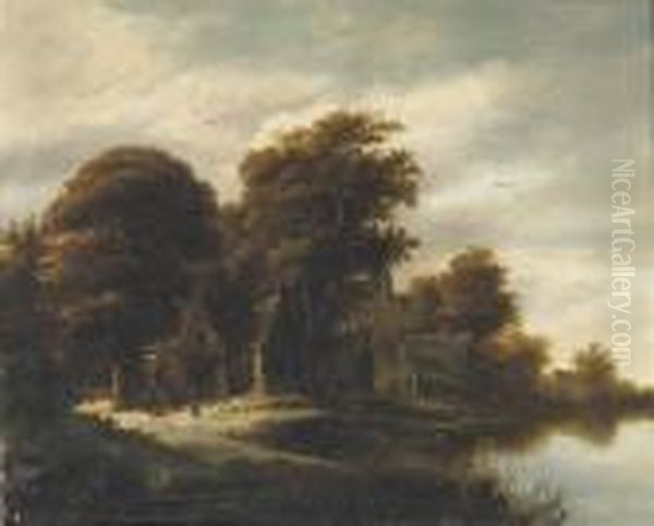 A Wooded River Landscape With Figures Outside A Cottage - view 1
