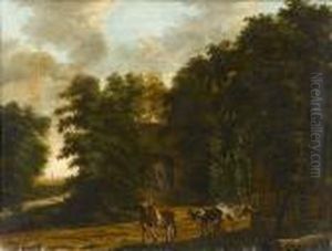 A Wooded Landscape With Cattle On A Path Before A Farmstead