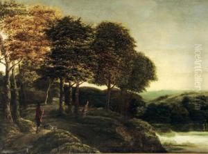 A Wooded River Landscape With A Hunter And His Dogs On A Track