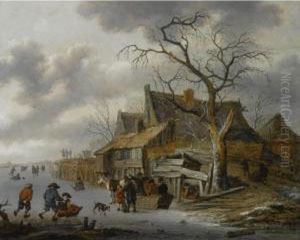 A Winter Landscape With Figures Skating On A Frozen River