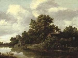 A Wooded River Landscape With A 
Peasant Crossing A Bridge And Fishermen In A Boat, Cottages Nearby