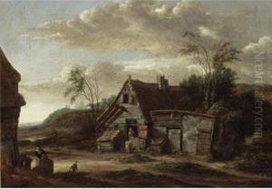 A Dune Landscape With A Farm With A Woman And A Child At A Door