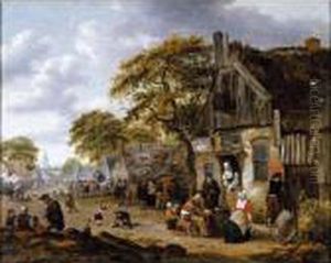 A Village Street Scene With 
Figures Drinking Outside An Inn And Vendors Hawking Their Wares