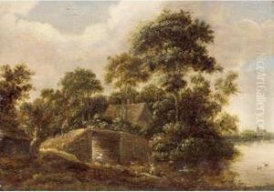 A River Landscape With A
Fisherman Near A Bridge, A Cottage In The Woods Beyond And A Church In
The Background by Salomon Rombouts