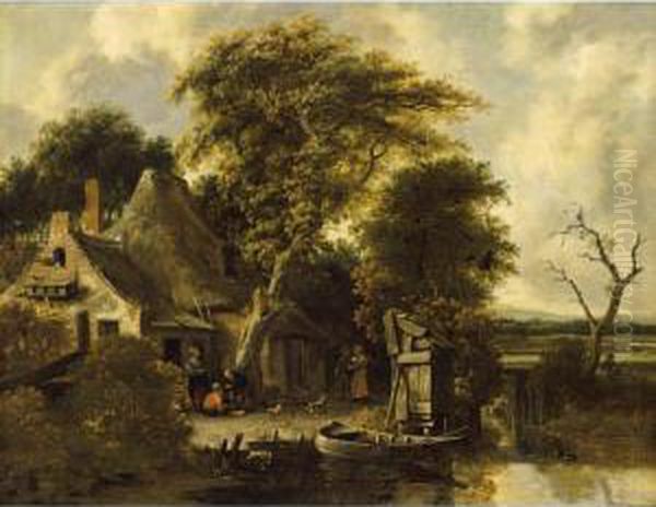 A Wooded Landscape With Peasants
 In A Courtyard Near A Farm With A Stream In The Foreground - view 1