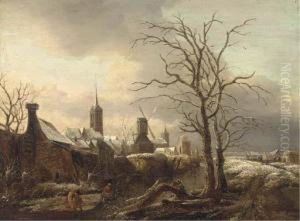 A Winter Landscape With Peasants Skating
