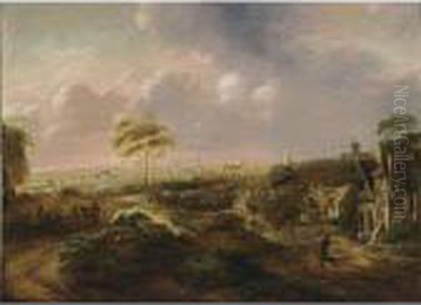 A Landscape With Travellers On A Path Near Houses, A View Of A City Beyond - view 1