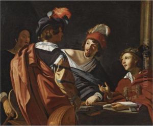 A Group Of Figures Around A Table Making Music by Salomon Rombouts