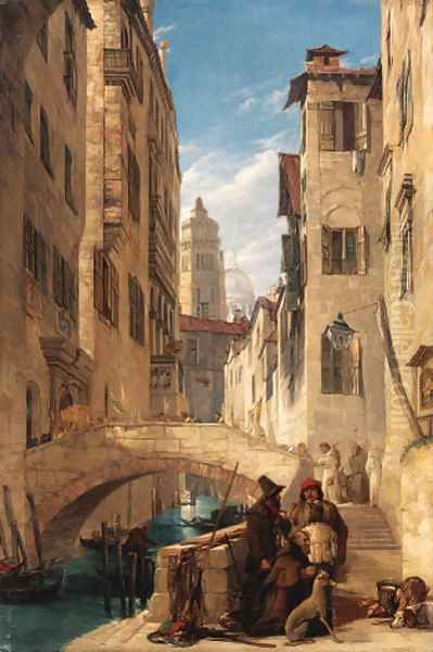 View of a Venetian canal with a religious procession on a bridge, and a monk at the foot of the steps - view 1