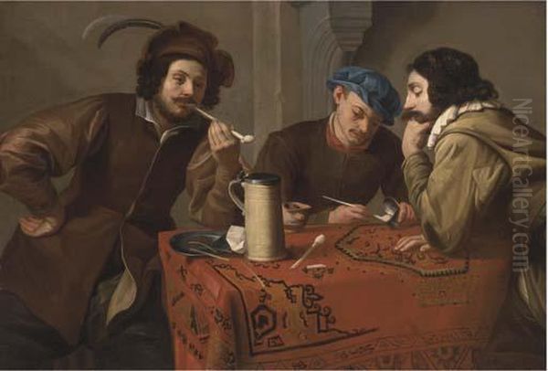 Three Men Smoking And Drinking At A Table In An Interior - view 1