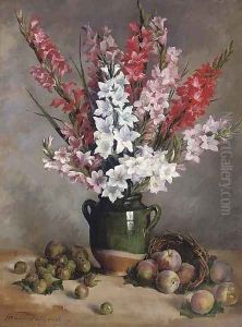 Gladioli in an earthenware ewer with peaches and plums by Marie Dubreuil