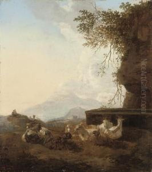 A Shepherd And His Flock At Rest By A Water Trough - view 1