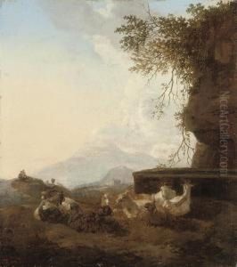 A Shepherd And His Flock At Rest By A Water Trough