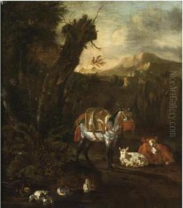 An Italianate Wooded Landscape 
With A Harnessed Donkey, A Cow, Asheep And Ducks Near A Pond In The 
Foreground