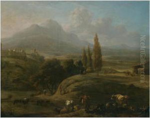 A Panoramic Landscape With Herders And Their Cattle In Theforeground - view 1