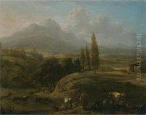 A Panoramic Landscape With Herders And Their Cattle In Theforeground