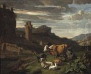 A Wooded Landscape With Cattle And Sheep