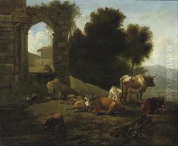 Cattle And Sheep By A Ruined Church In An Italianate Landscape - view 1