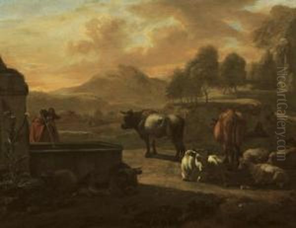 An Italianate Landscape With A Herdsman Drinking From A Fountain - view 1