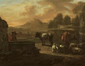 An Italianate Landscape With A Herdsman Drinking From A Fountain