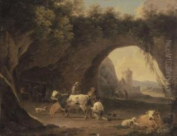 Grotto With Cattle And Figures A Forge Beyond - view 1