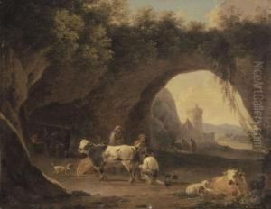 Grotto With Cattle And Figures A Forge Beyond