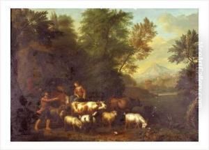 Couple De Bergers Et Leur Troupeau Dans Un Paysage Boise by Willem Romeyn