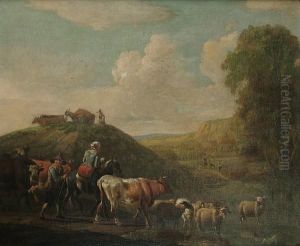 A Landscape With Cattle Fording A Stream by Willem Romeyn