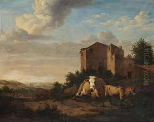 A Cow, A Sheep And Goats Before A Farmstead In An Italianate Landscape - view 1