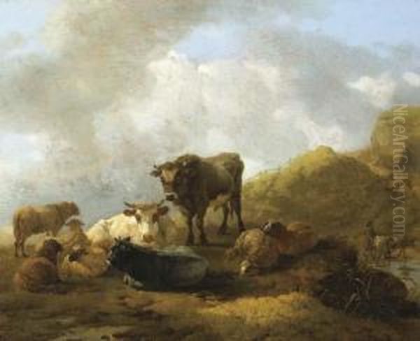 An Italianate Mountainous Landscape With Cattle And Sheep In Theforeground - view 1