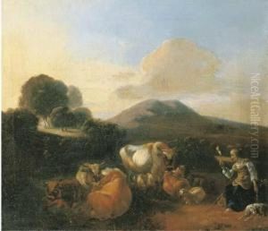 An Italianate Landscape With Shepherds With Goats, Sheep And Cattleresting By A River