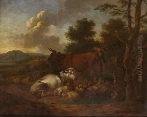 Hirte Mit Kuhen Und Schafen In
 Bergiger Landschaft. by Willem Romeyn