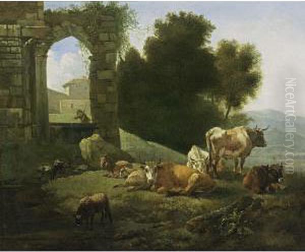 An Italianate Landscape With
Cows, Sheep And Goats Resting And Watering In A Meadow, Near Classical
Ruins - view 1