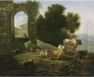 An Italianate Landscape With 
Cows, Sheep And Goats Resting And Watering In A Meadow, Near Classical 
Ruins
