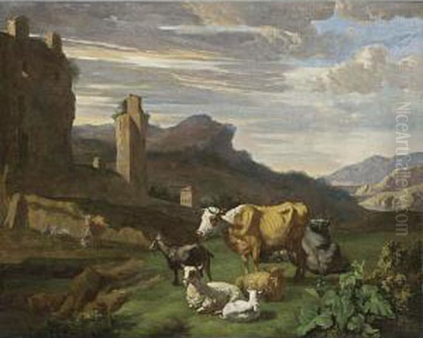An Italianate Landscape With 
Cows, Sheep And A Goat In A Meadow, A Peasant Woman Milking A Cow In The
 Background - view 1