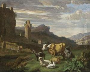 An Italianate Landscape With 
Cows, Sheep And A Goat In A Meadow, A Peasant Woman Milking A Cow In The
 Background