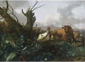 A Cow, Goats And Sheep In A Meadow
