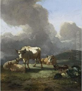 An Italianate Landscape With A Bull, Cows, Sheep And A Goat In A Meadow
