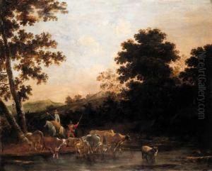 Cowherds Watering Cattle In An Italianate Landscape